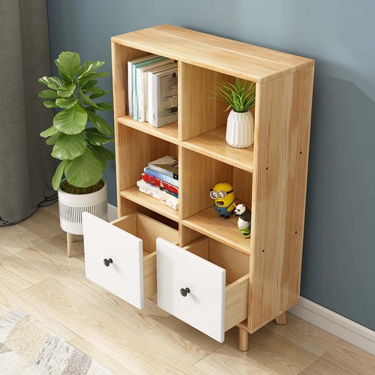 Stylish Natural Pine Wood Tall Bookcase with Drawers