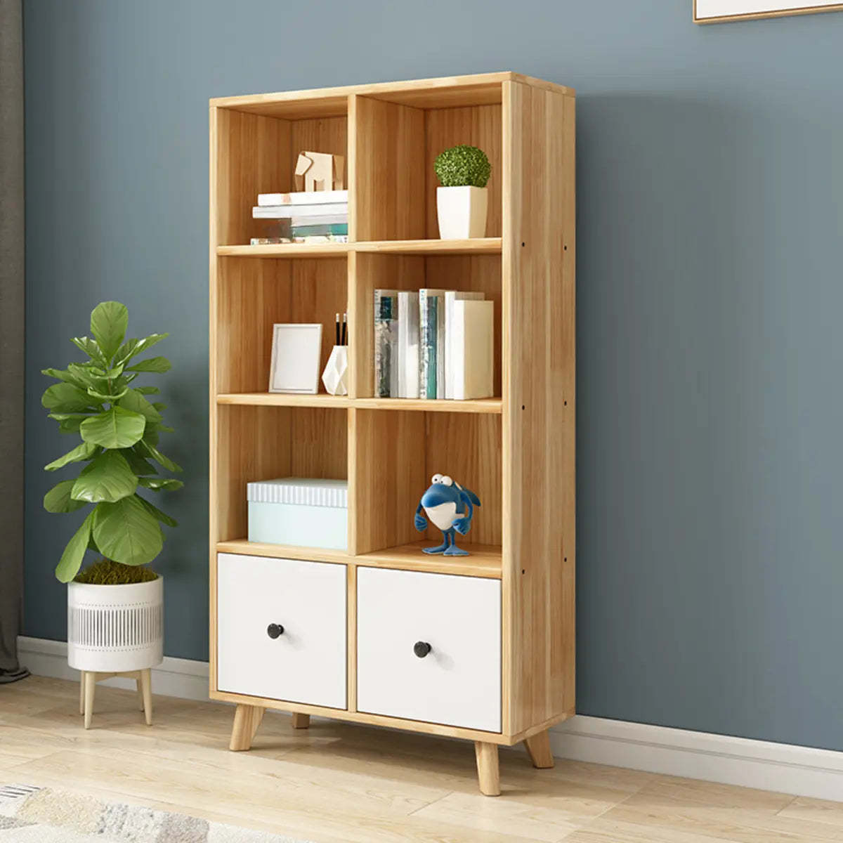 Modern pine tall bookcases in wood — 28" L x 12" W x 59" H