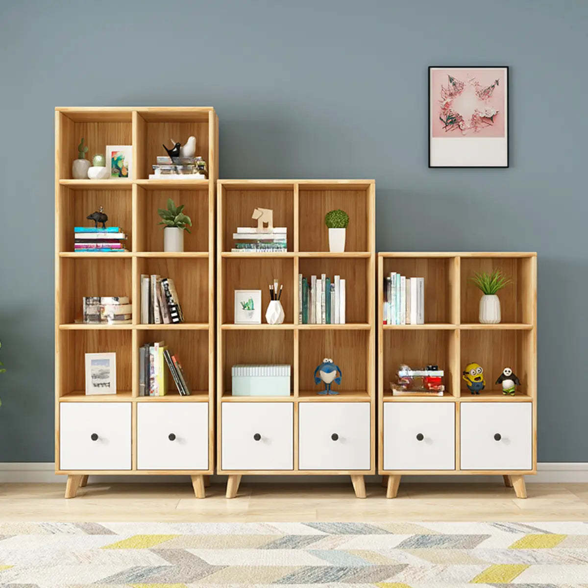 Stylish Natural Pine Wood Tall Bookcase with Drawers