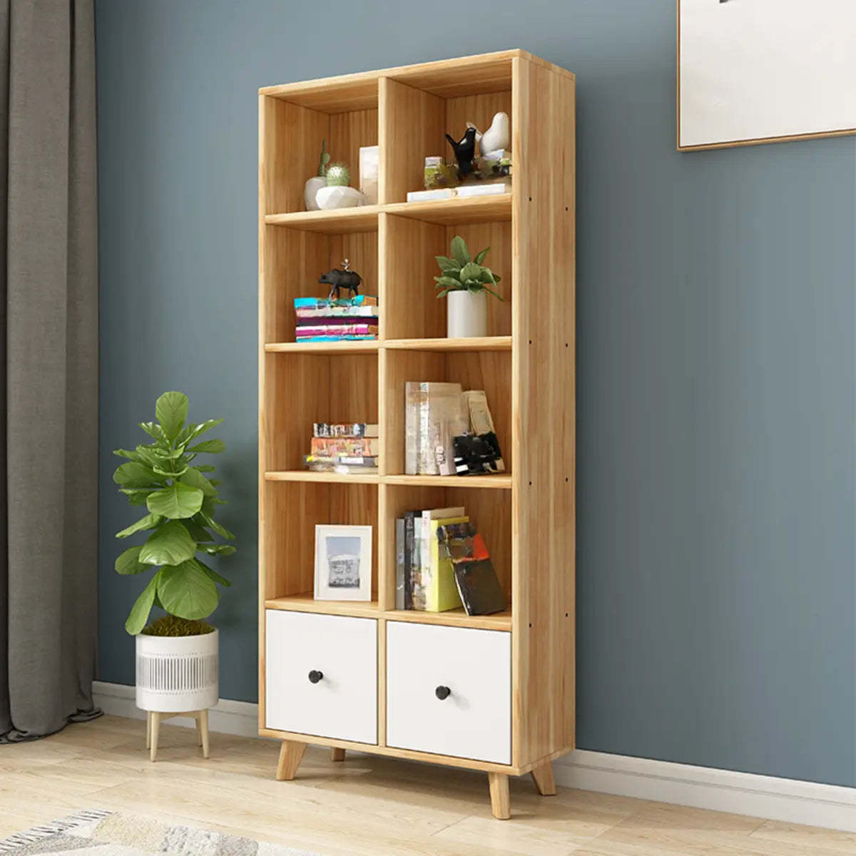Stylish Natural Pine Wood Tall Bookcase with Drawers