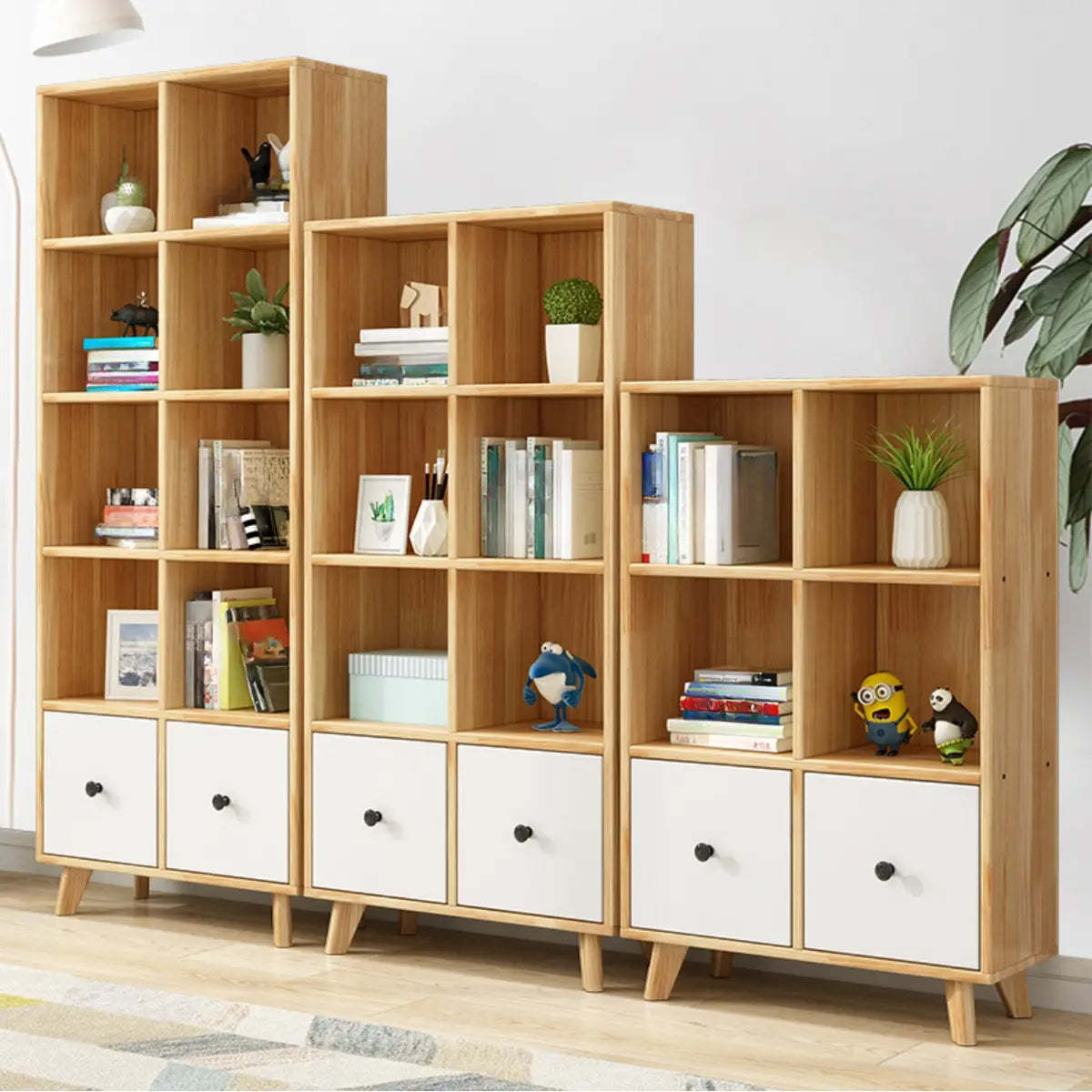 Stylish Natural Pine Wood Tall Bookcase with Drawers