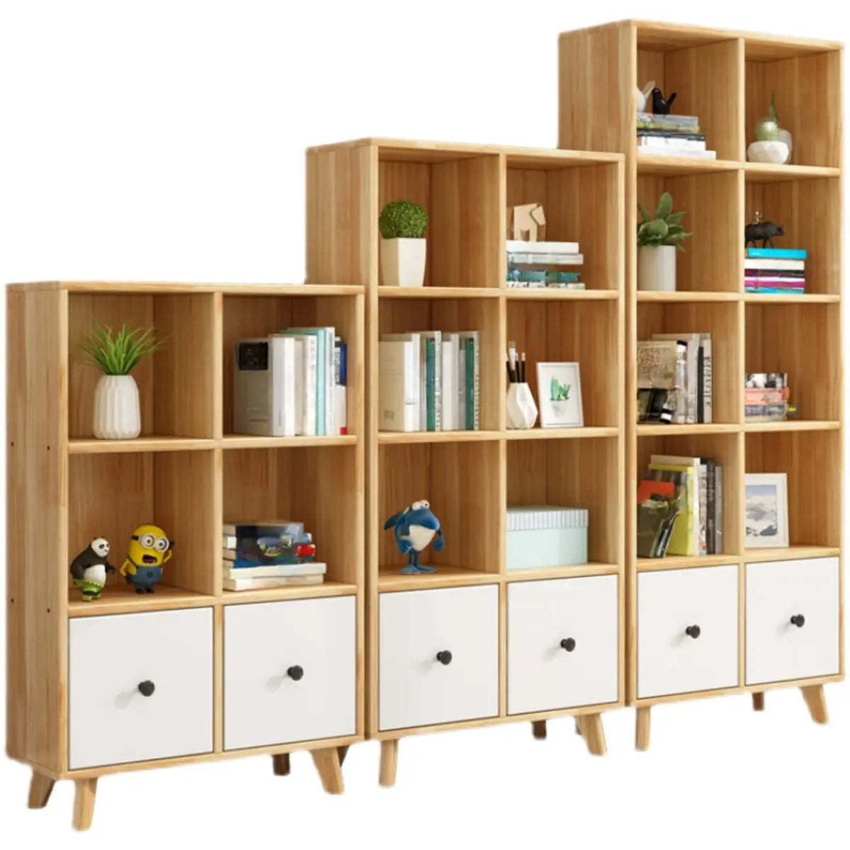 Stylish Natural Pine Wood Tall Bookcase with Drawers