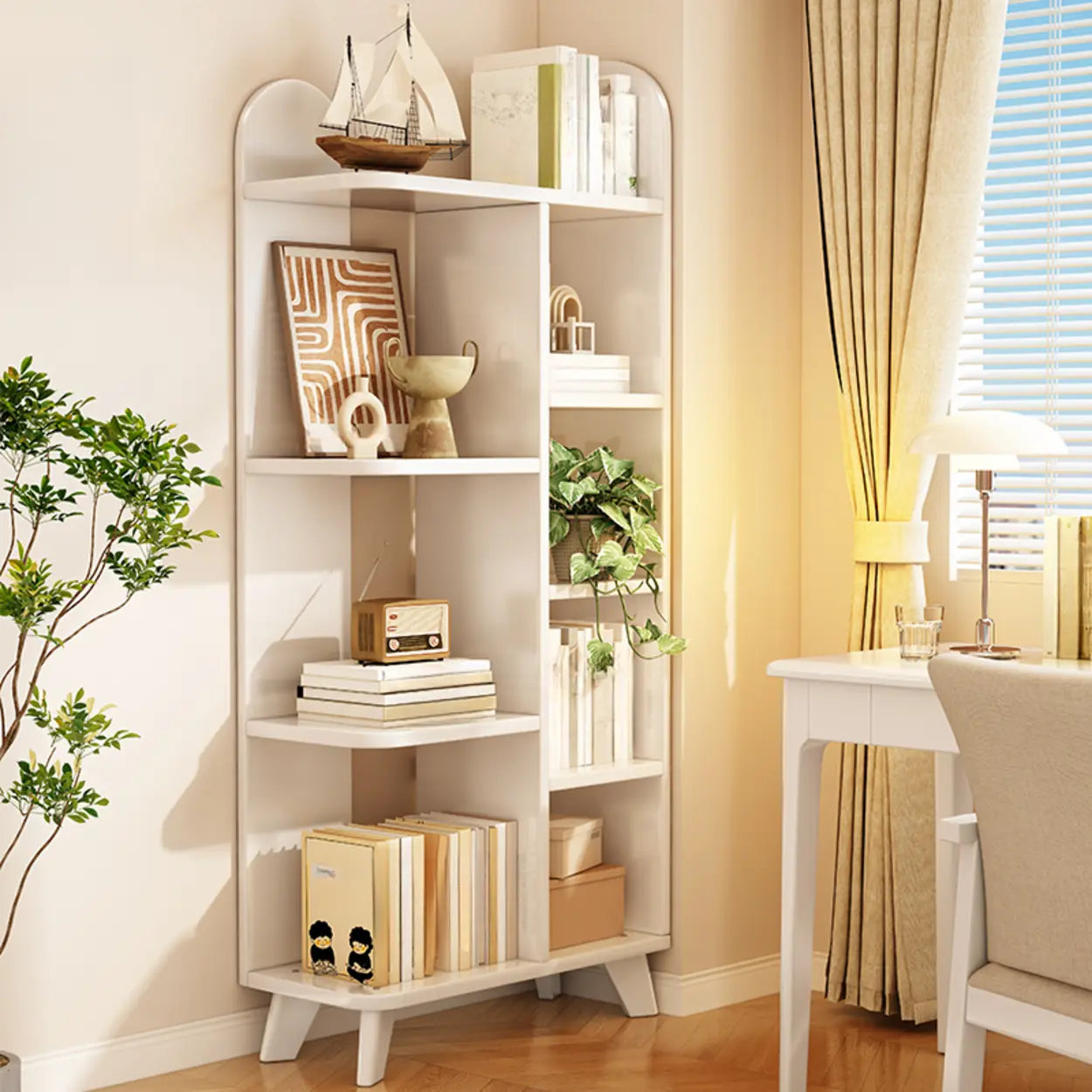 Stylish White Curved Corner Storage Bookcase