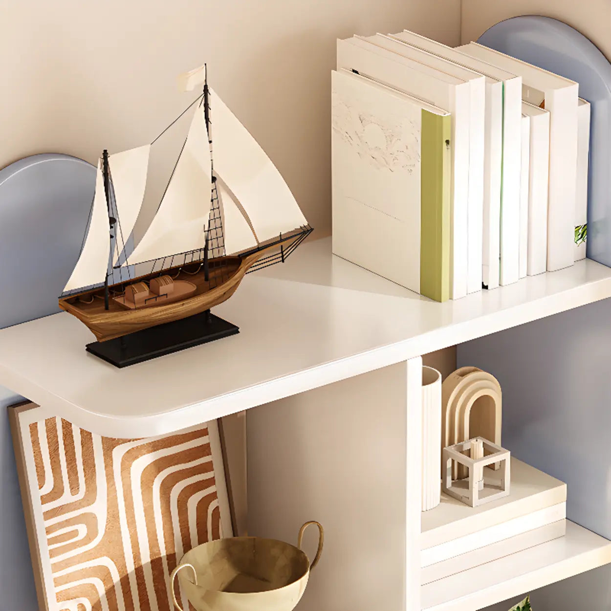 Stylish White Curved Corner Storage Bookcase — 7 Shelves / Pink-White