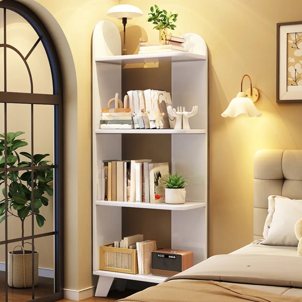 Stylish White Curved Corner Storage Bookcase — 7 Shelves / White