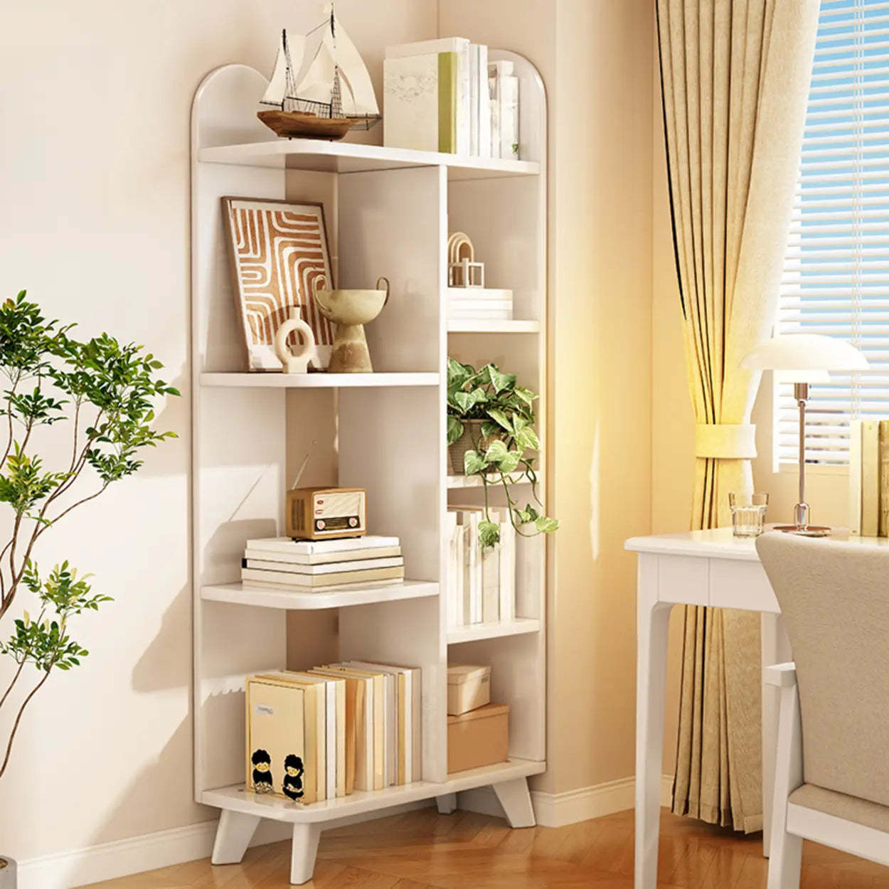Stylish White Curved Corner Storage Bookcase — 4 / Blue-White