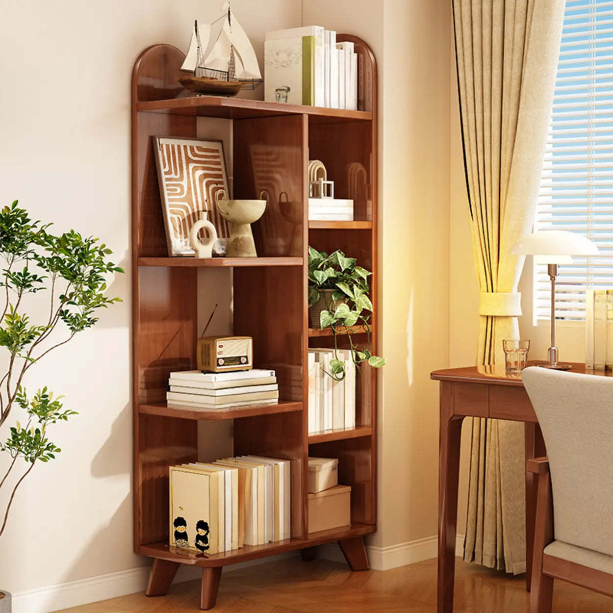 Stylish White Curved Corner Storage Bookcase — 4 / Natural Finish