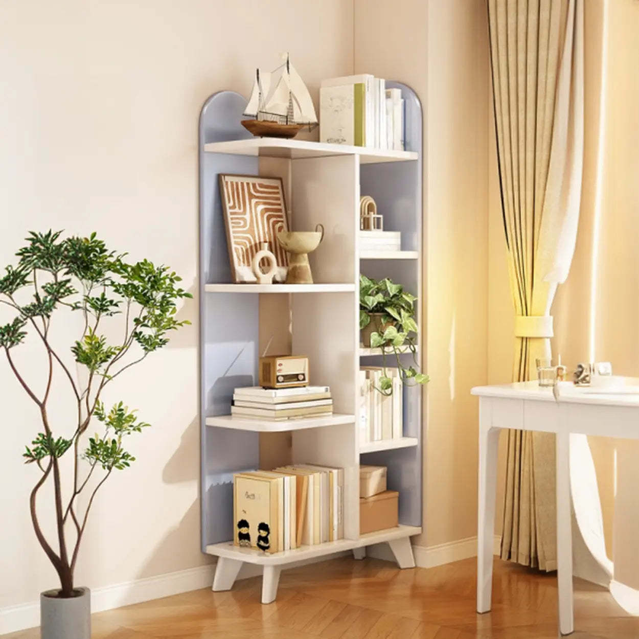 Stylish White Curved Corner Storage Bookcase — 4 / Pink-White