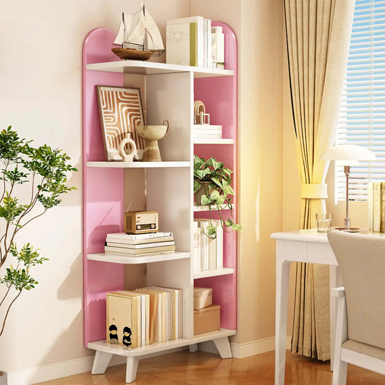 Stylish White Curved Corner Storage Bookcase — 4 / Walnut
