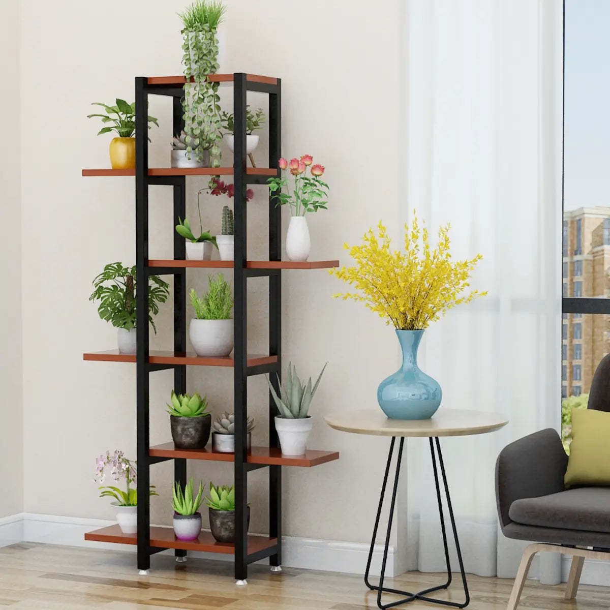Stylish Rectangle Wood Indoor Plant Stand — Black/ Teak