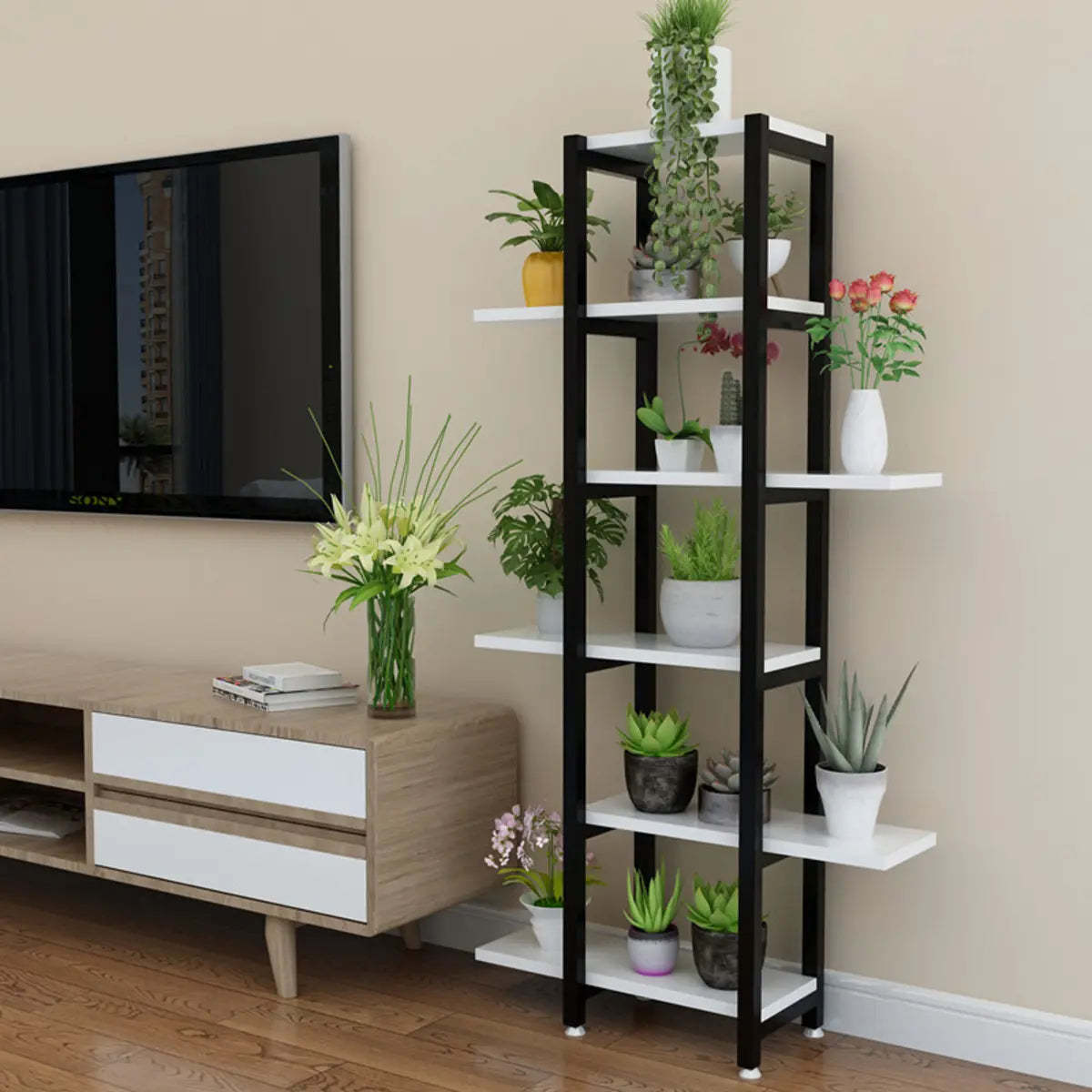 Stylish Rectangle Wood Indoor Plant Stand — Black-Black