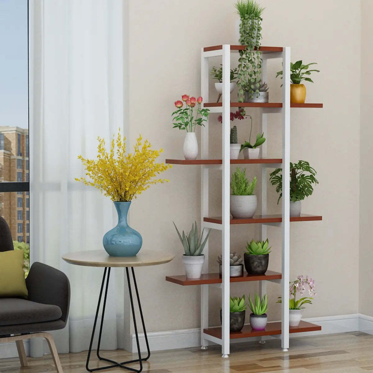 Stylish Rectangle Wood Indoor Plant Stand — White/ Teak