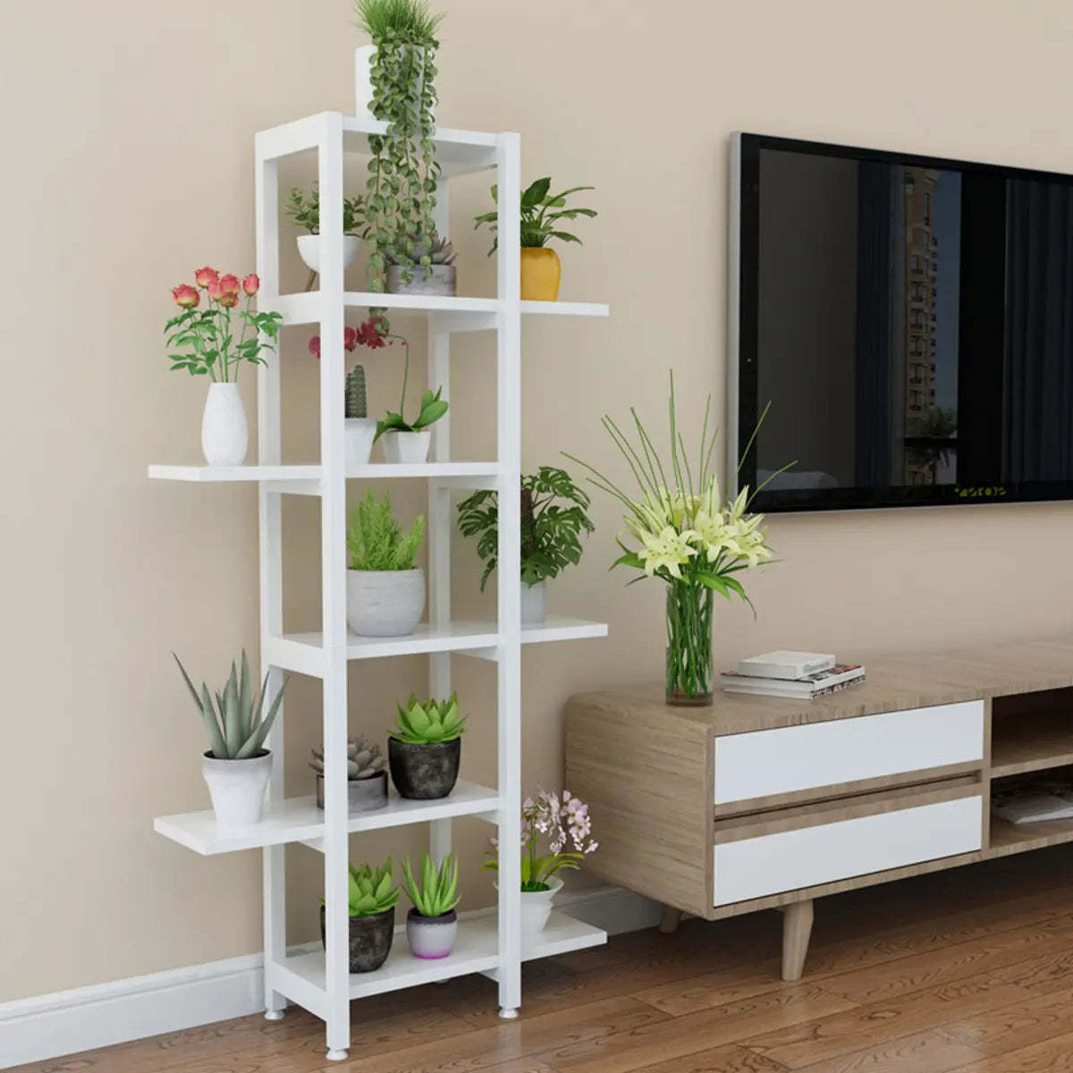 Stylish Rectangle Wood Indoor Plant Stand — White-Black