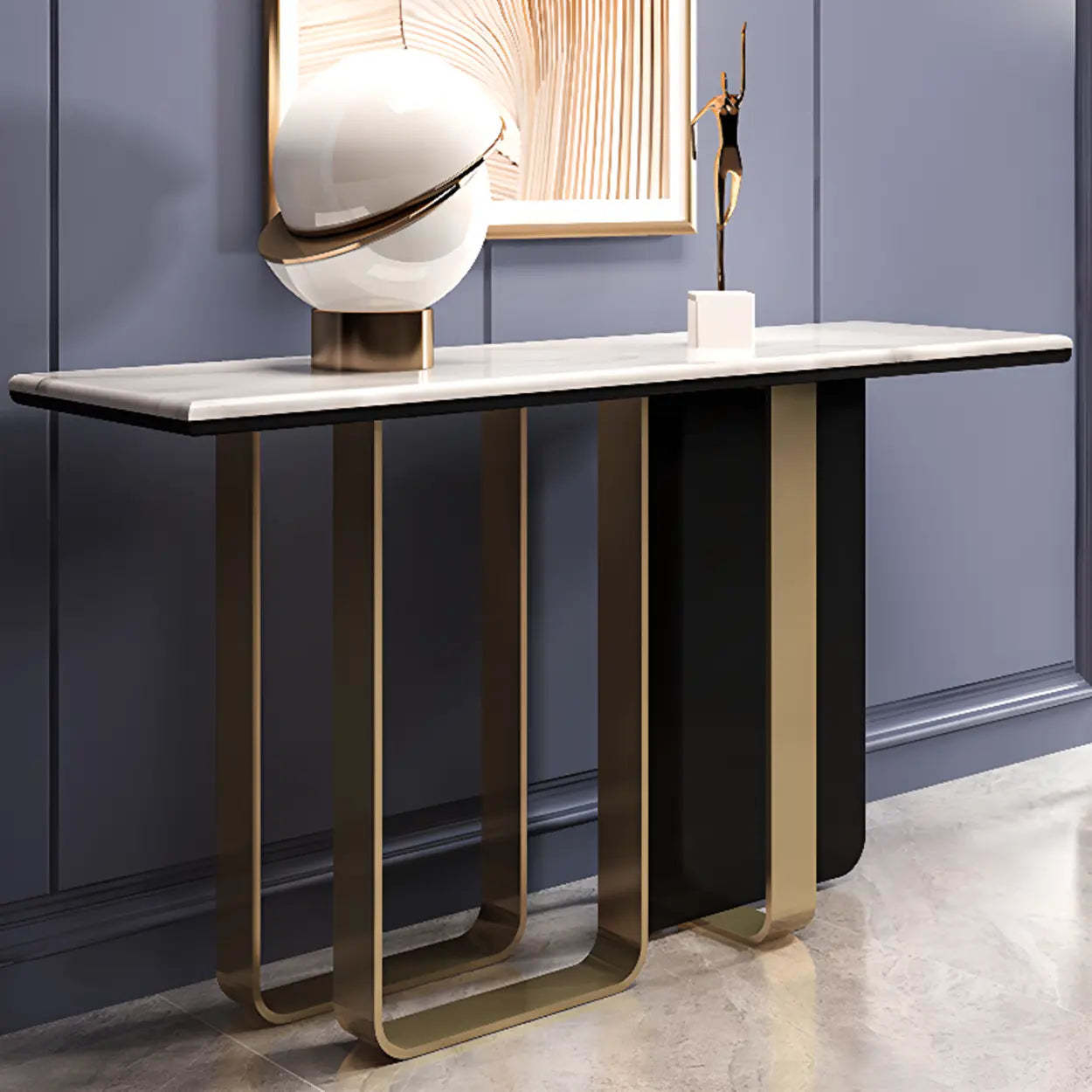 Stylish Rectangular Marble Iron-Base Console Table — Black
