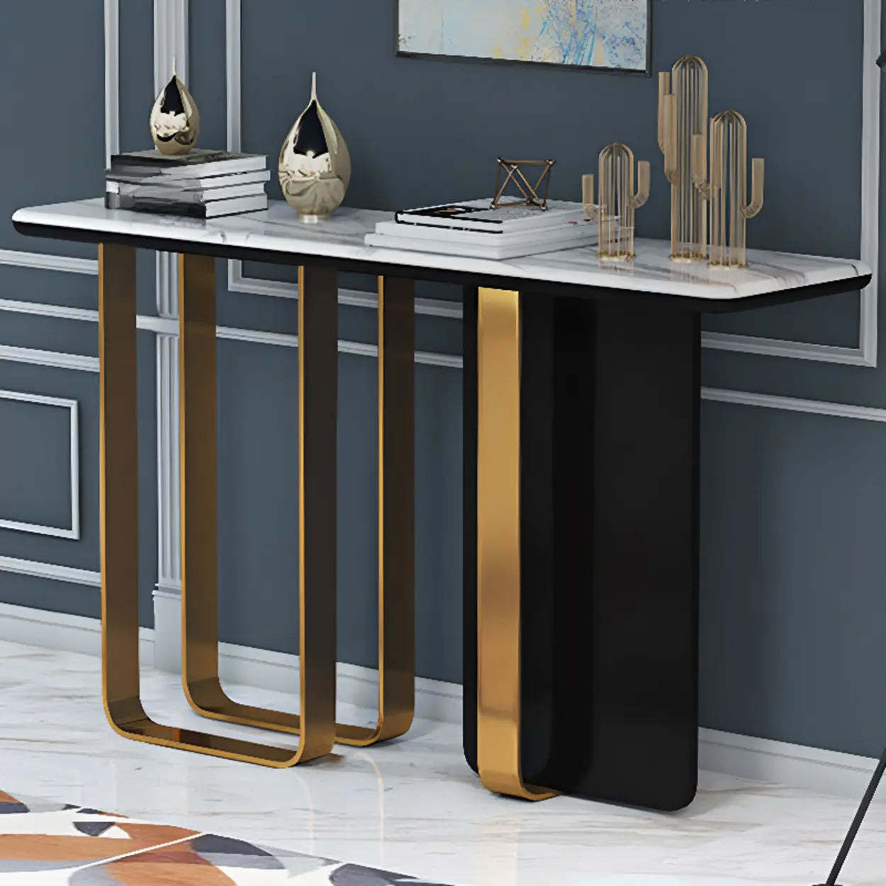 Stylish Rectangular Marble Iron-Base Console Table — White