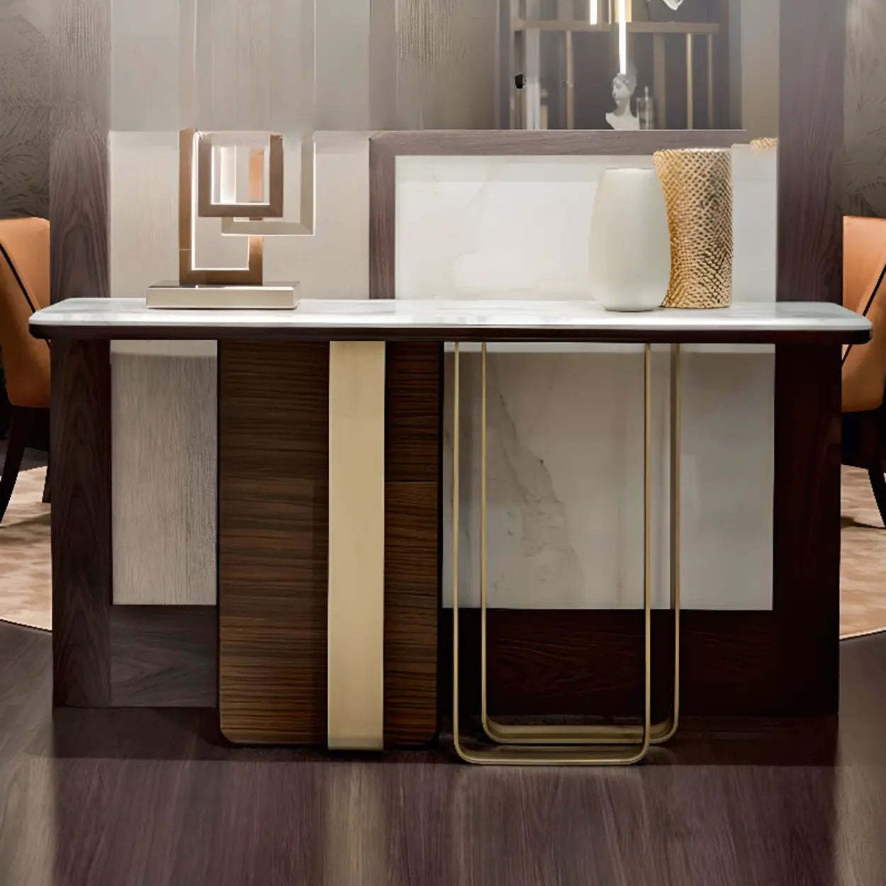Stylish Rectangular Marble Iron-Base Console Table — White-Black
