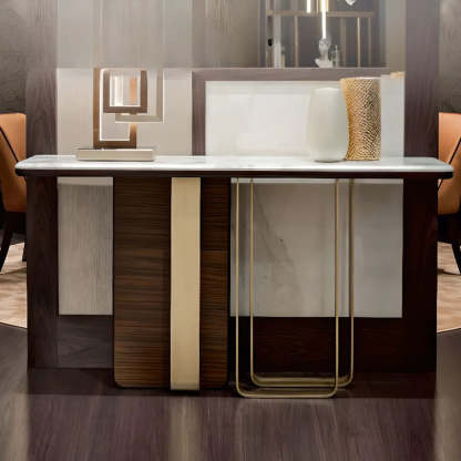 Stylish Rectangular Marble Iron-Base Console Table — White-Black