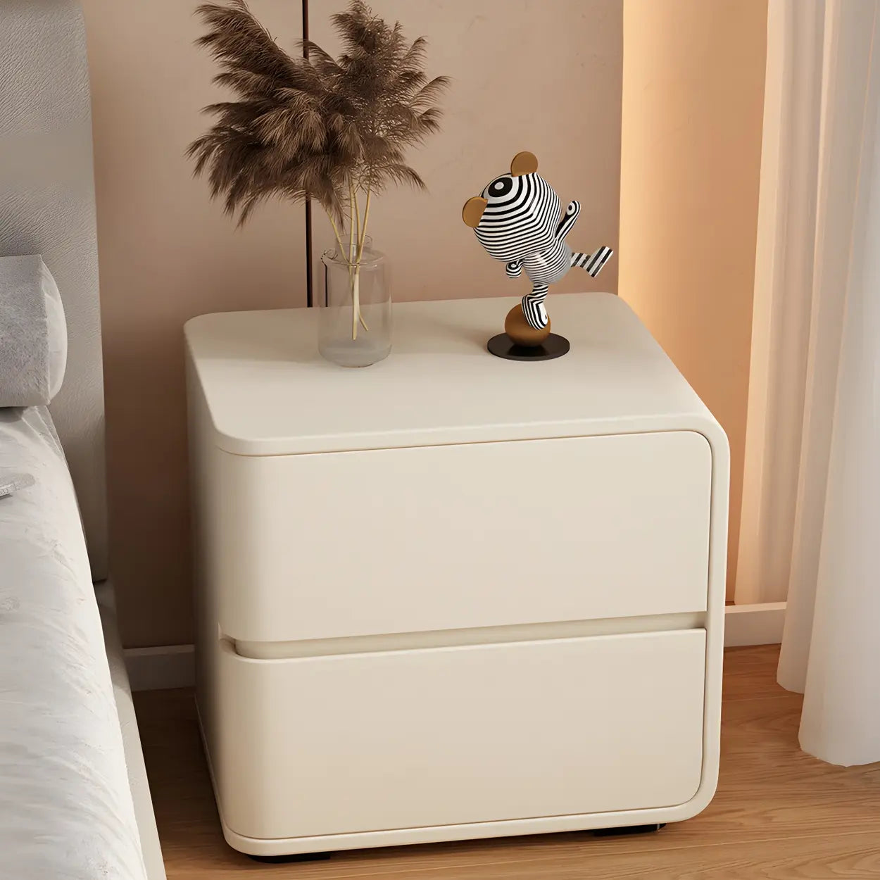 Stylish Rounded Off-White Wood Storage Nightstand