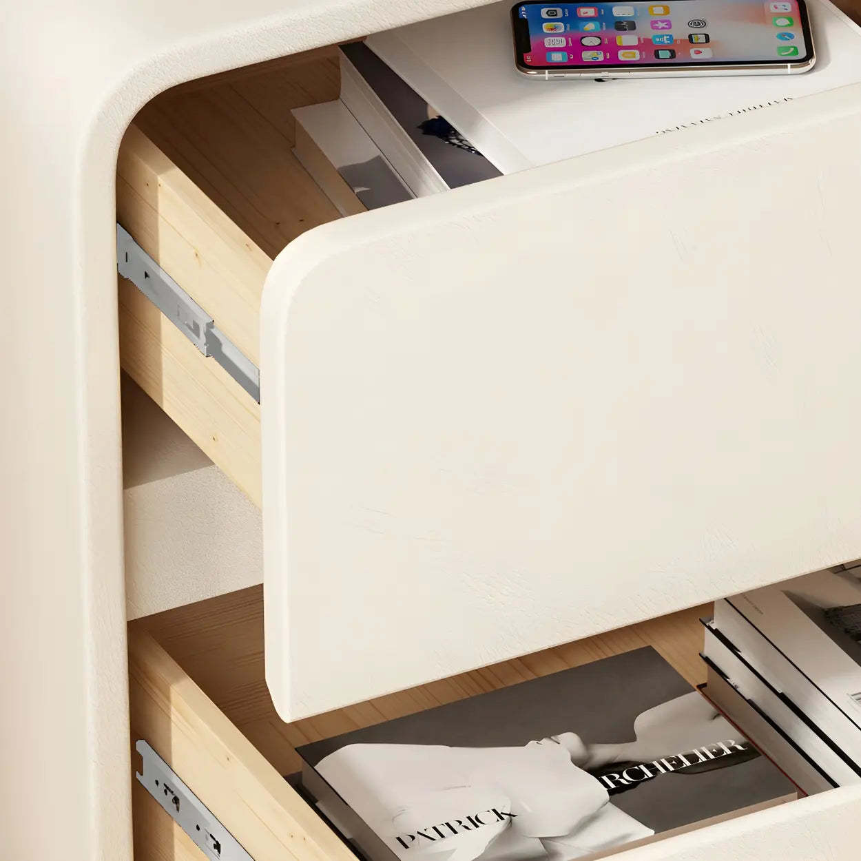 Stylish Rounded Off-White Wood Storage Nightstand — Khaki / 1 Piece / Left