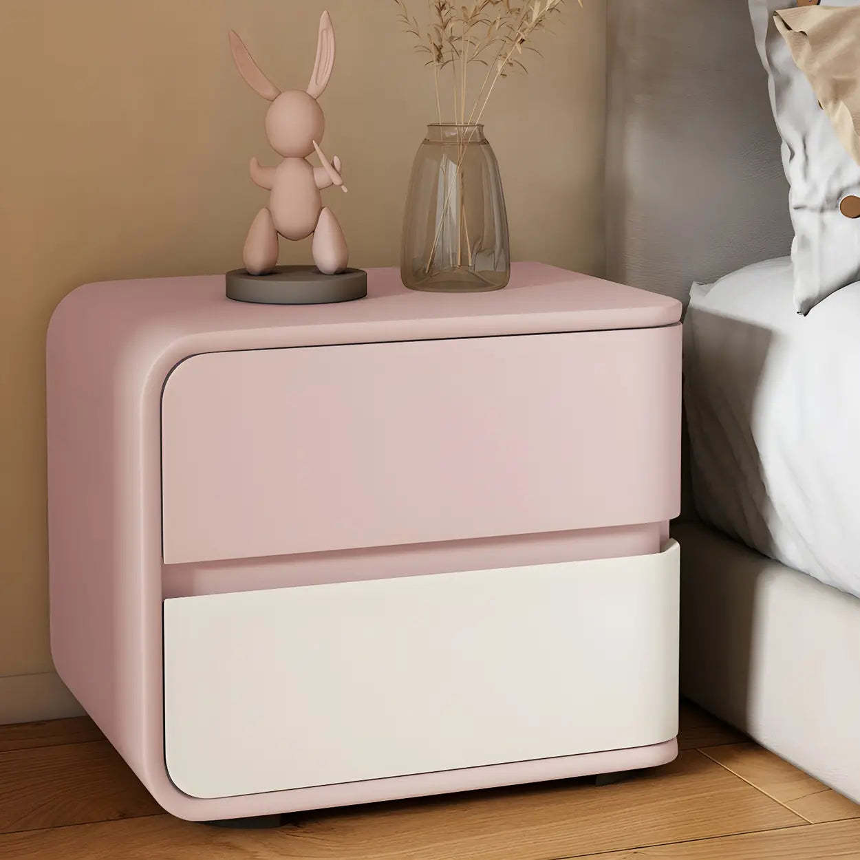 Stylish Rounded Off-White Wood Storage Nightstand — Khaki / 1 Piece / Right