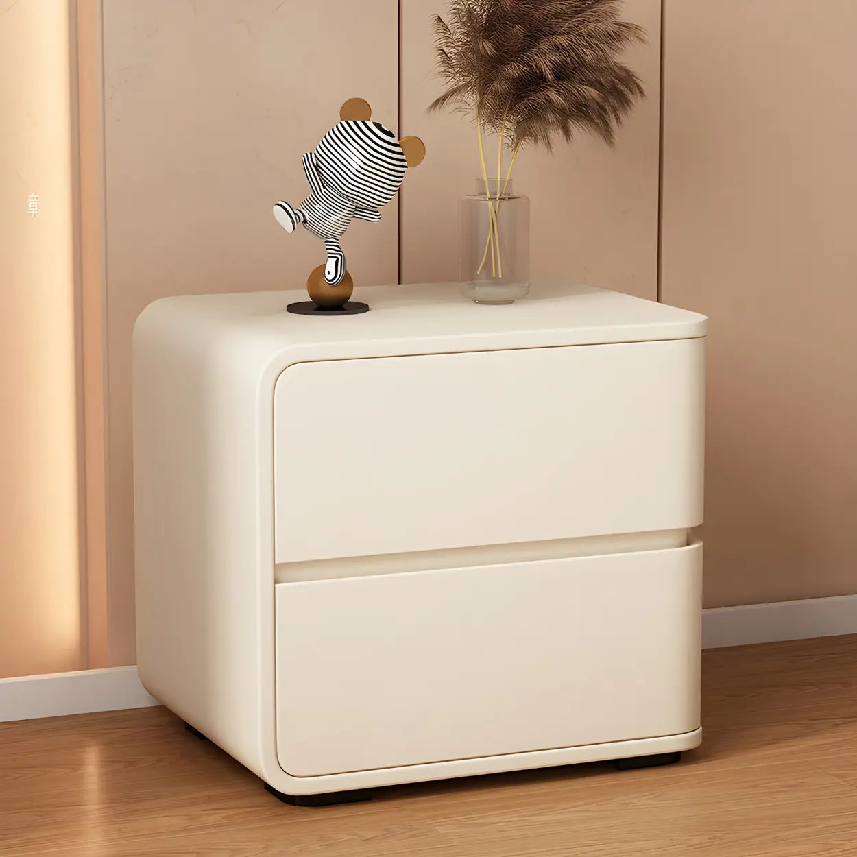Stylish Rounded Off-White Wood Storage Nightstand — Khaki / 2 Piece Set / Right