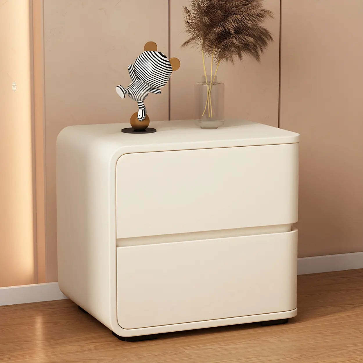 Stylish Rounded Off-White Wood Storage Nightstand — Khaki / 2 Piece Set / Right