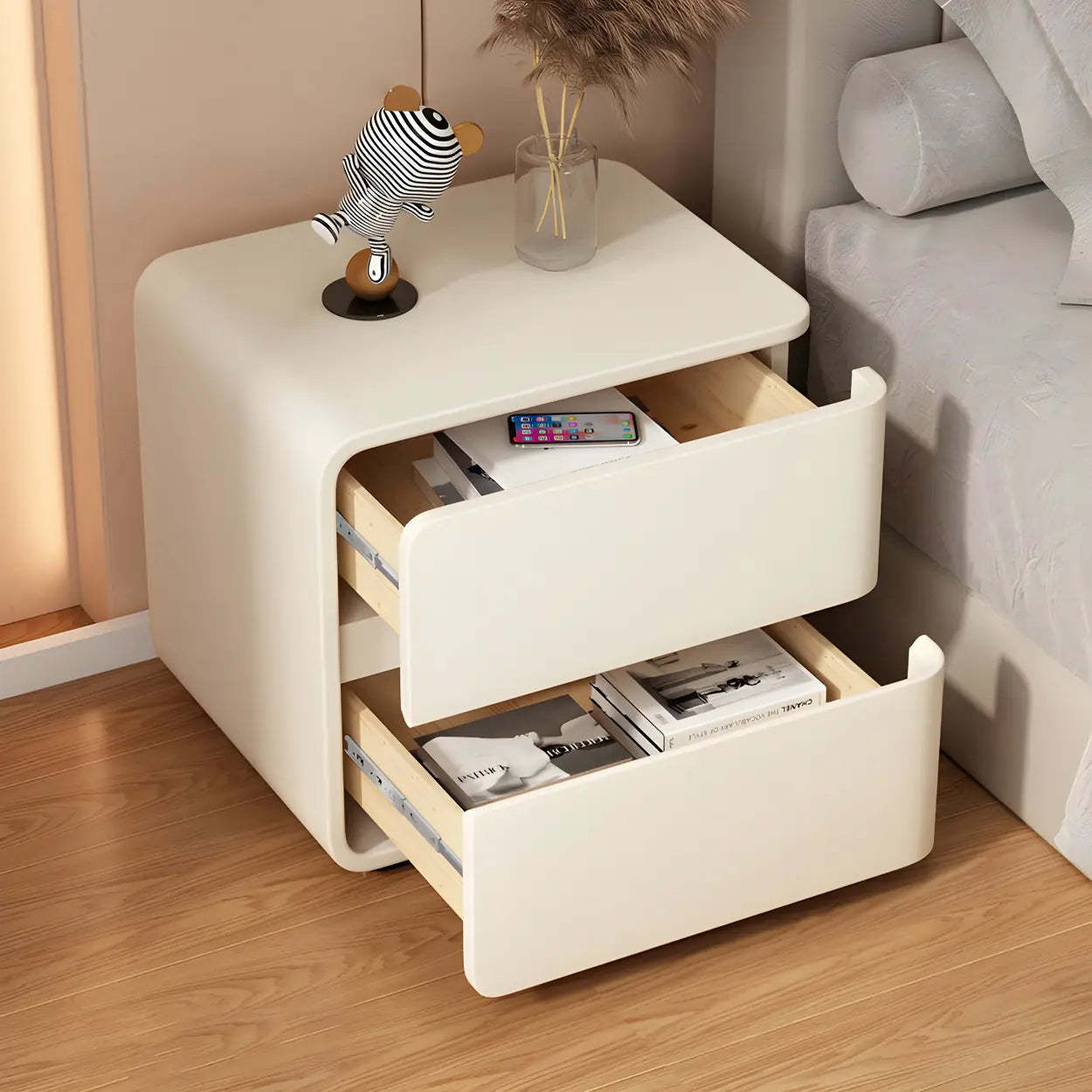 Stylish Rounded Off-White Wood Storage Nightstand — Coffee / 1 Piece / Left