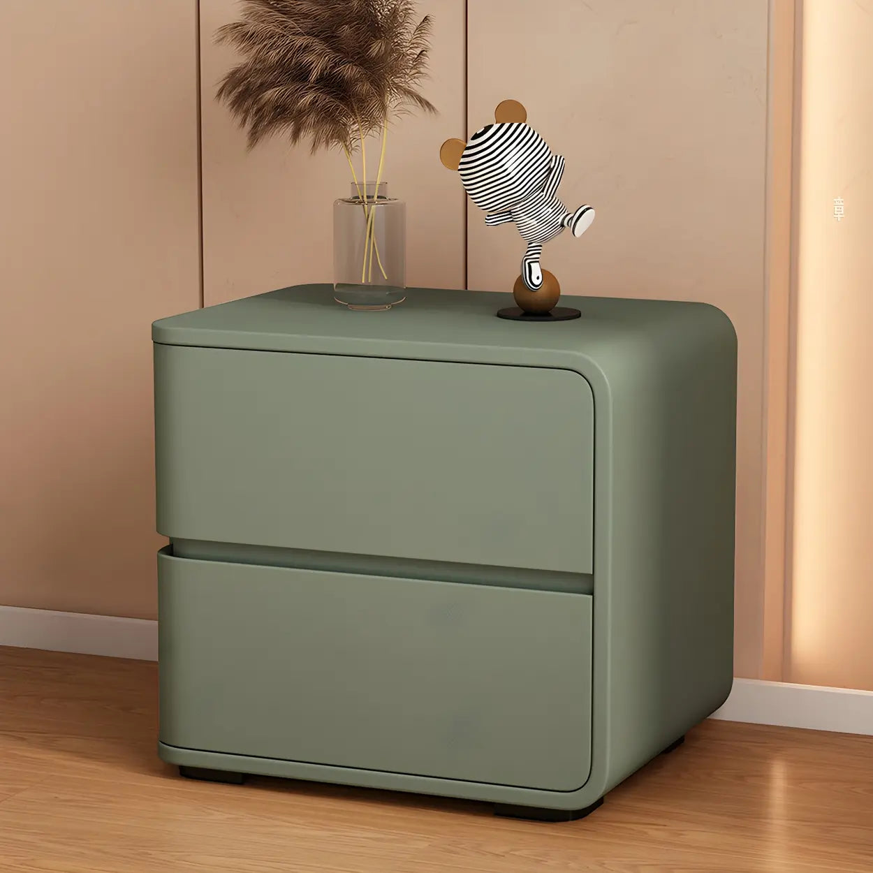 Stylish Rounded Off-White Wood Storage Nightstand — Green / 2 Piece Set / Right
