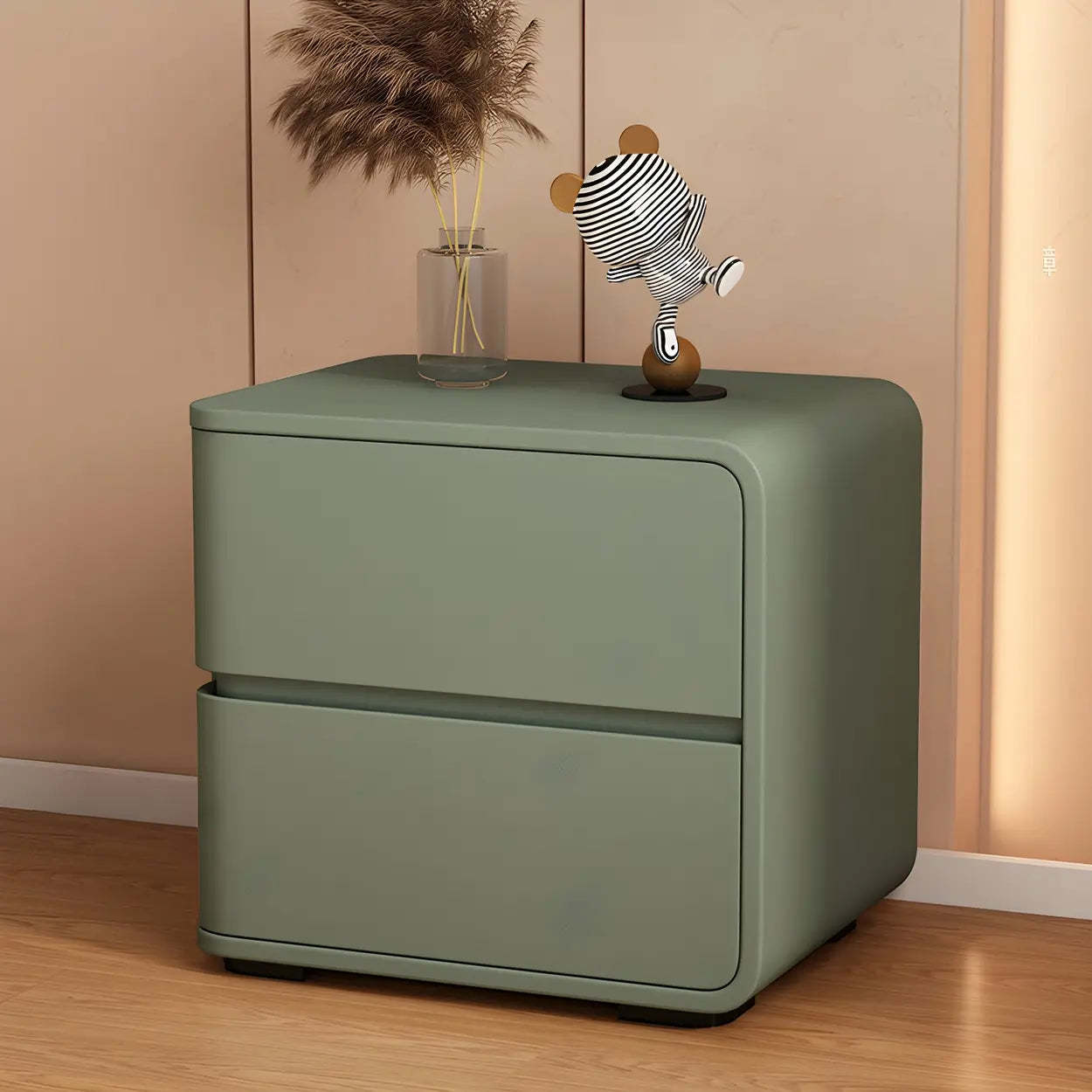 Stylish Rounded Off-White Wood Storage Nightstand — Green / 2 Piece Set / Right