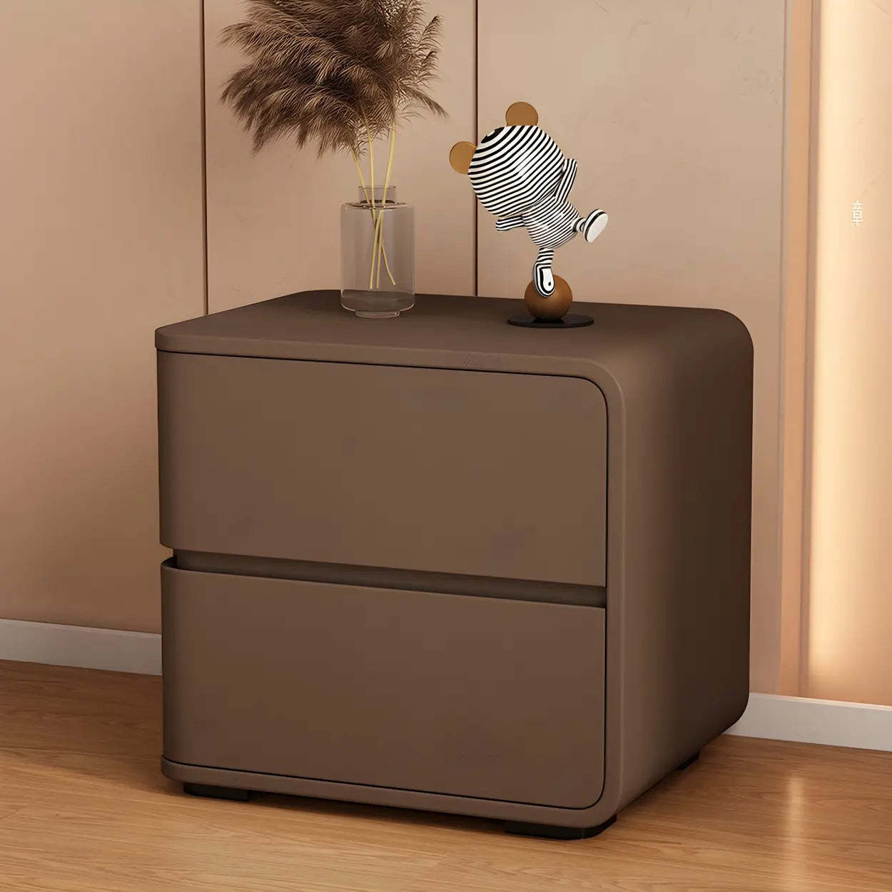 Stylish Rounded Off-White Wood Storage Nightstand — Pink / 2 Piece Set / Right