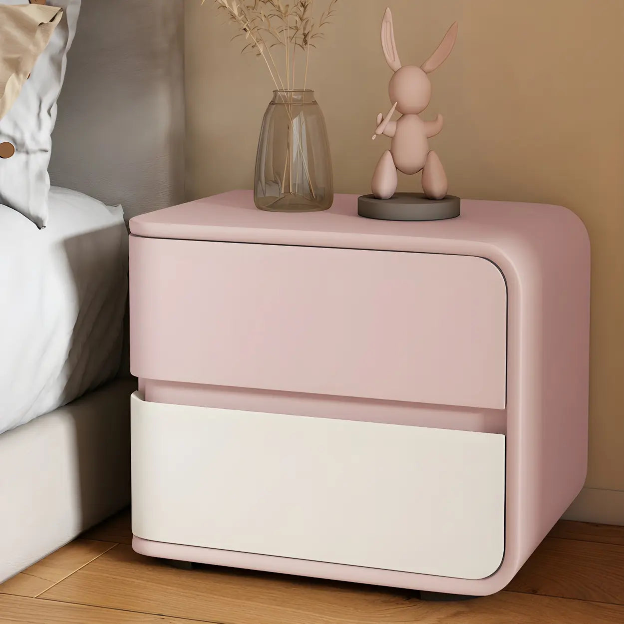 Stylish Rounded Off-White Wood Storage Nightstand — Grey / 1 Piece / Right