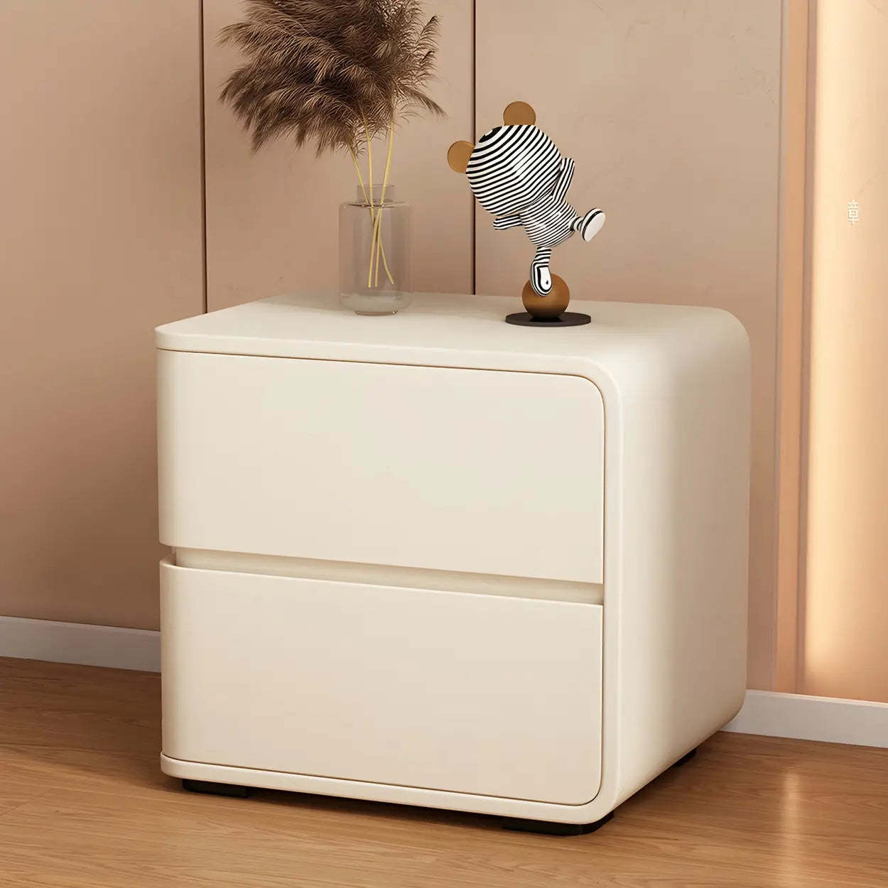 Stylish Rounded Off-White Wood Storage Nightstand — Grey / 2 Piece Set / Left