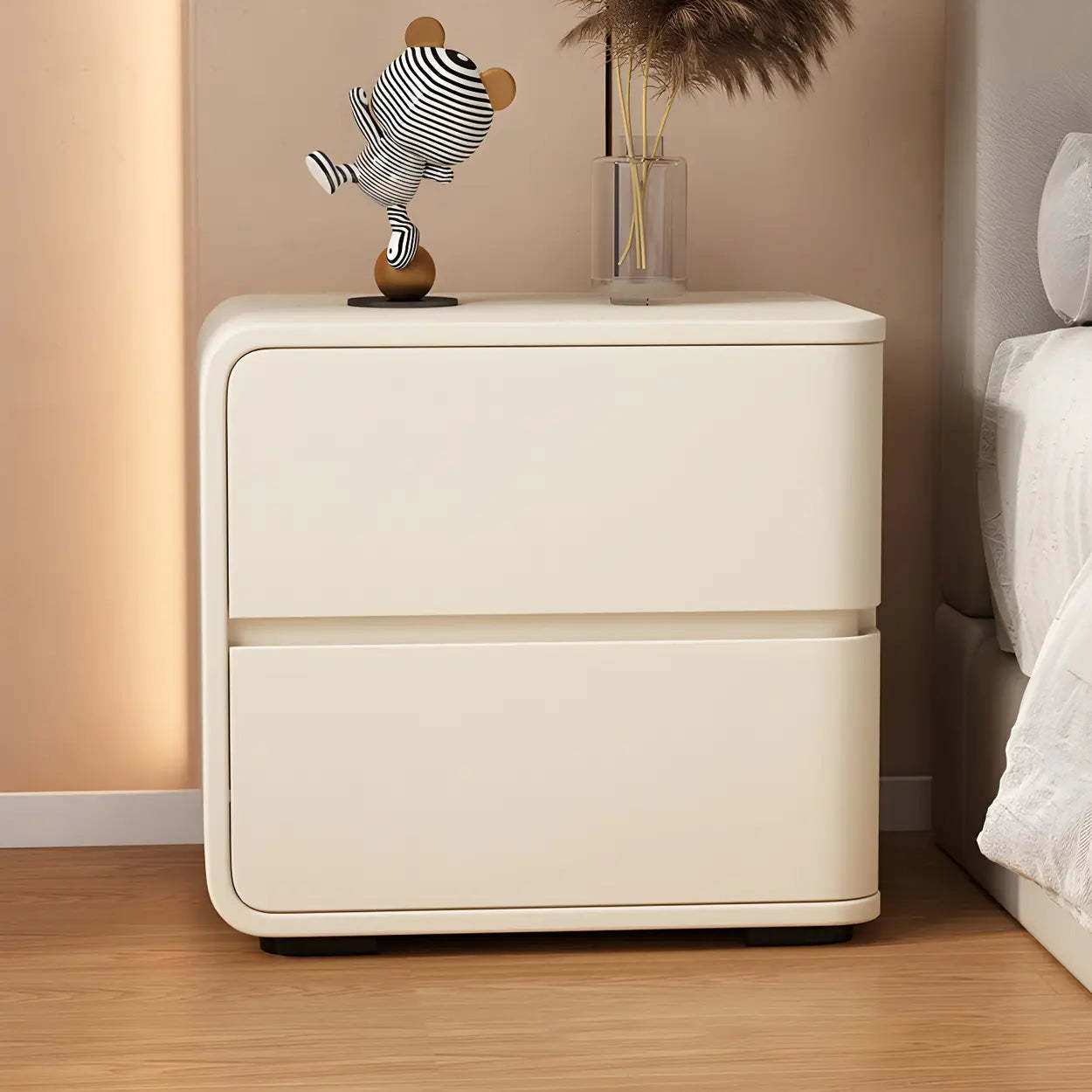 Stylish Rounded Off-White Wood Storage Nightstand — Black / 2 Piece Set / Left
