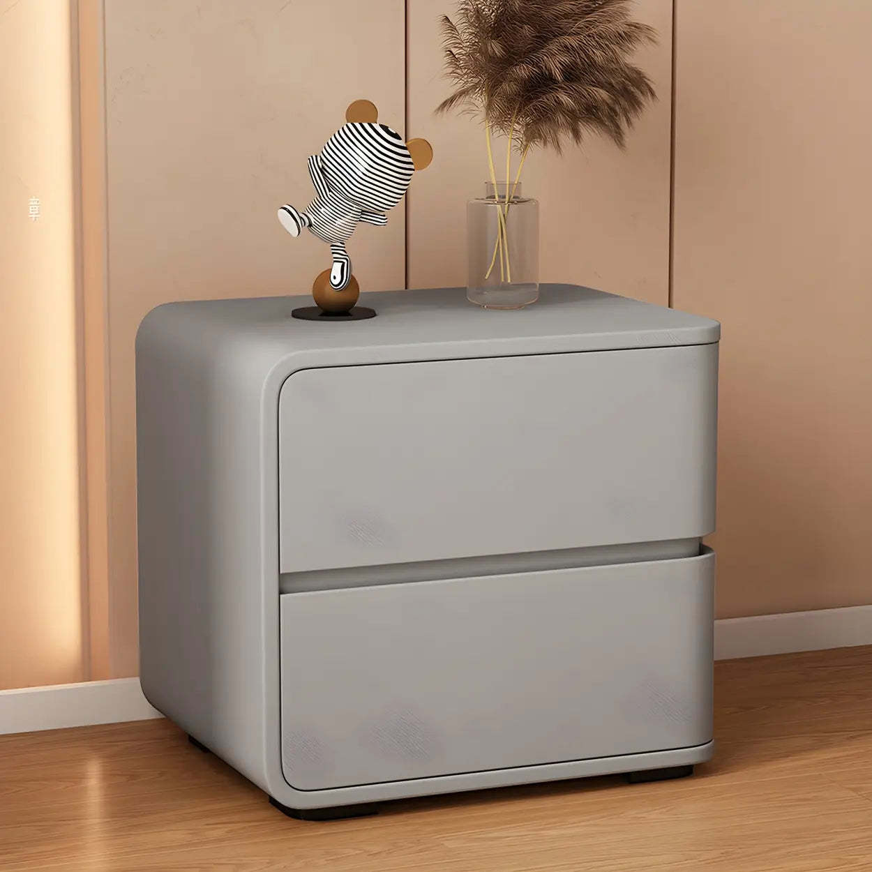 Stylish Rounded Off-White Wood Storage Nightstand — Black / 2 Piece Set / Right