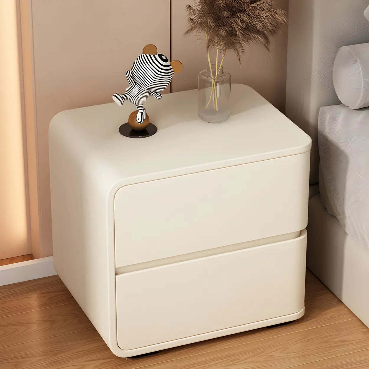 Stylish Rounded Off-White Wood Storage Nightstand — White-Pink / 1 Piece / Left