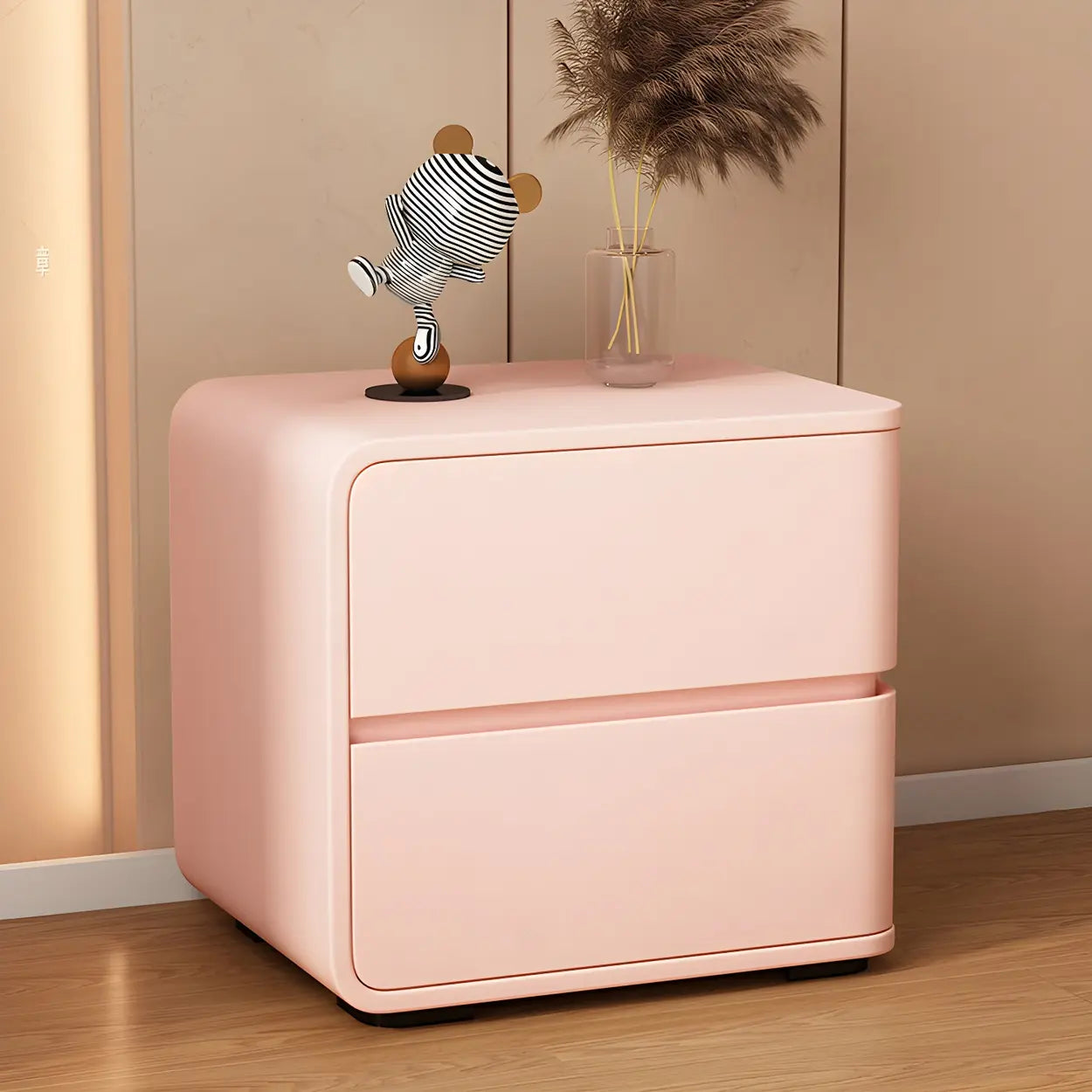 Stylish Rounded Off-White Wood Storage Nightstand — White-Pink / 1 Piece / Right
