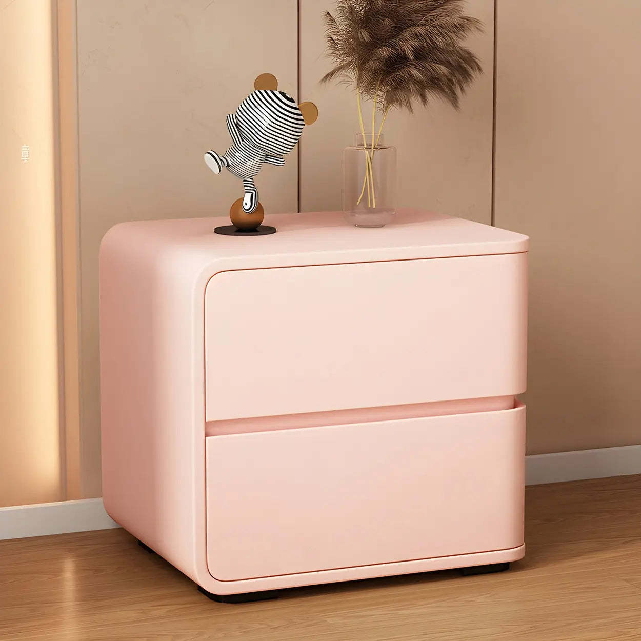 Stylish Rounded Off-White Wood Storage Nightstand — White-Pink / 1 Piece / Right