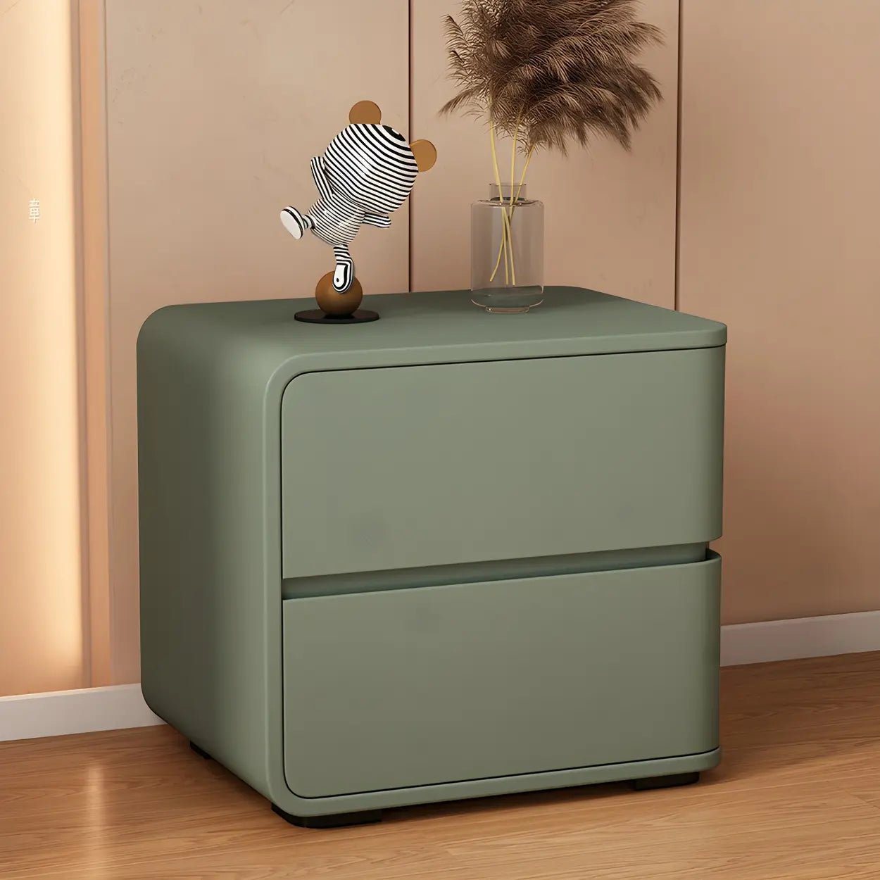 Stylish Rounded Off-White Wood Storage Nightstand — White-Pink / 2 Piece Set / Left