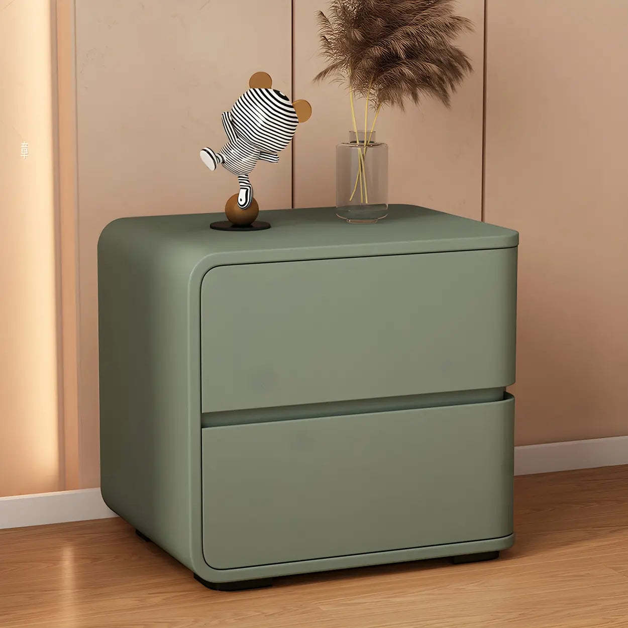 Stylish Rounded Off-White Wood Storage Nightstand — White-Pink / 2 Piece Set / Left