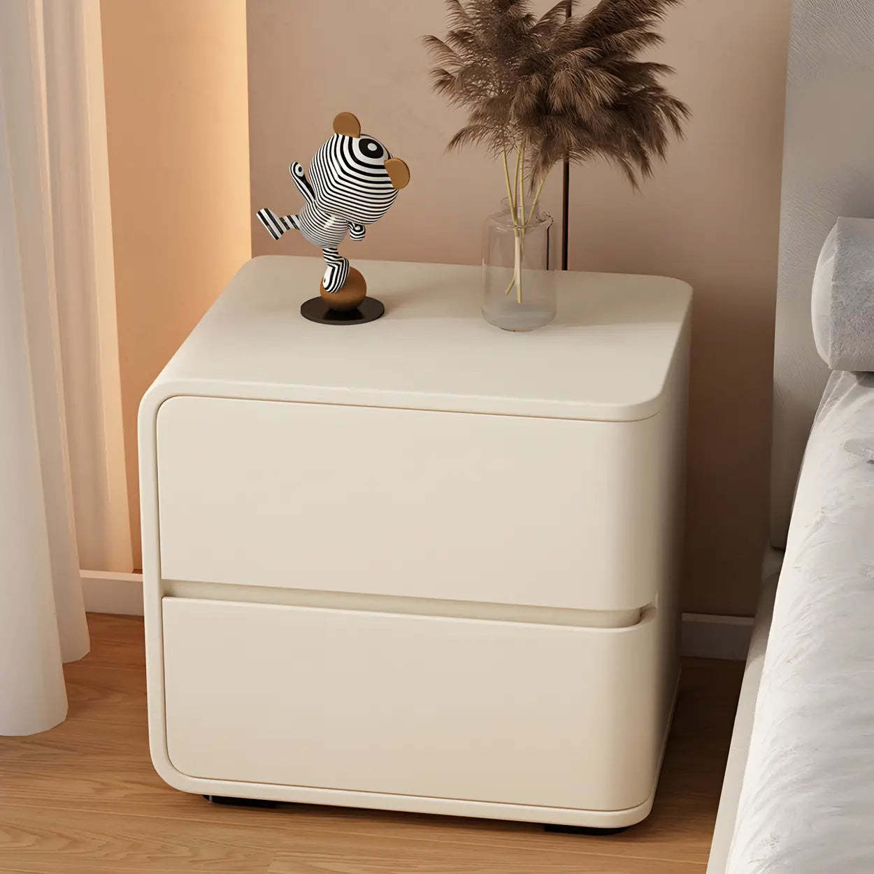 Stylish Rounded Off-White Wood Storage Nightstand — White-Pink / 2 Piece Set / Right