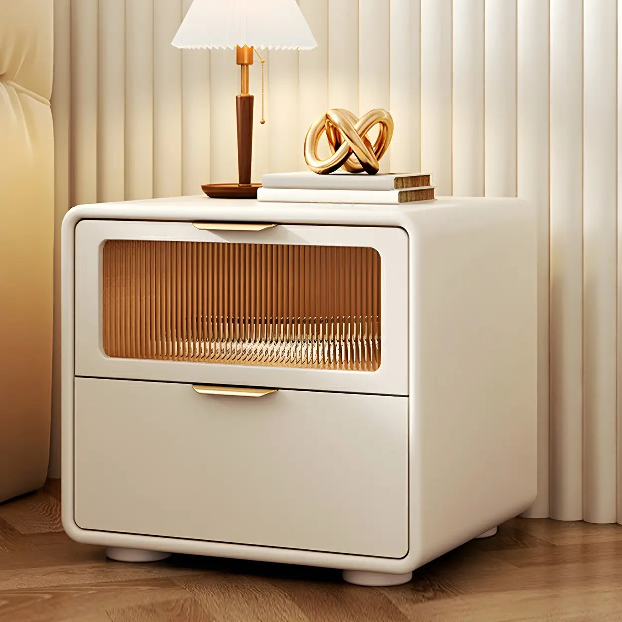 Rounded Wood White Leather Storage Nightstand