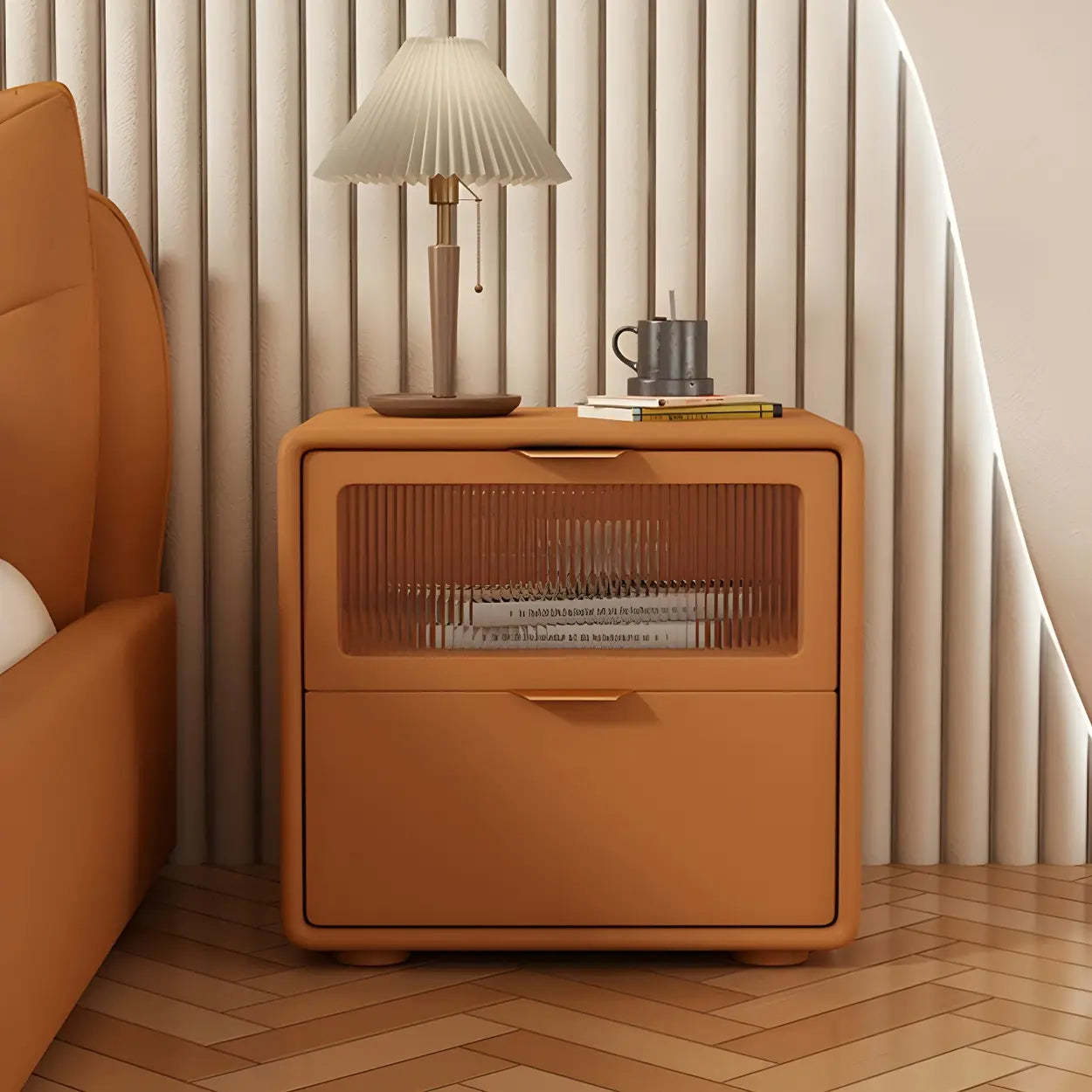 Rounded Wood White Leather Storage Nightstand — Orange / 2 Piece Set