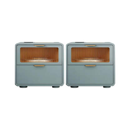 Rounded Wood White Leather Storage Nightstand — Dark Gray / 2 Piece Set