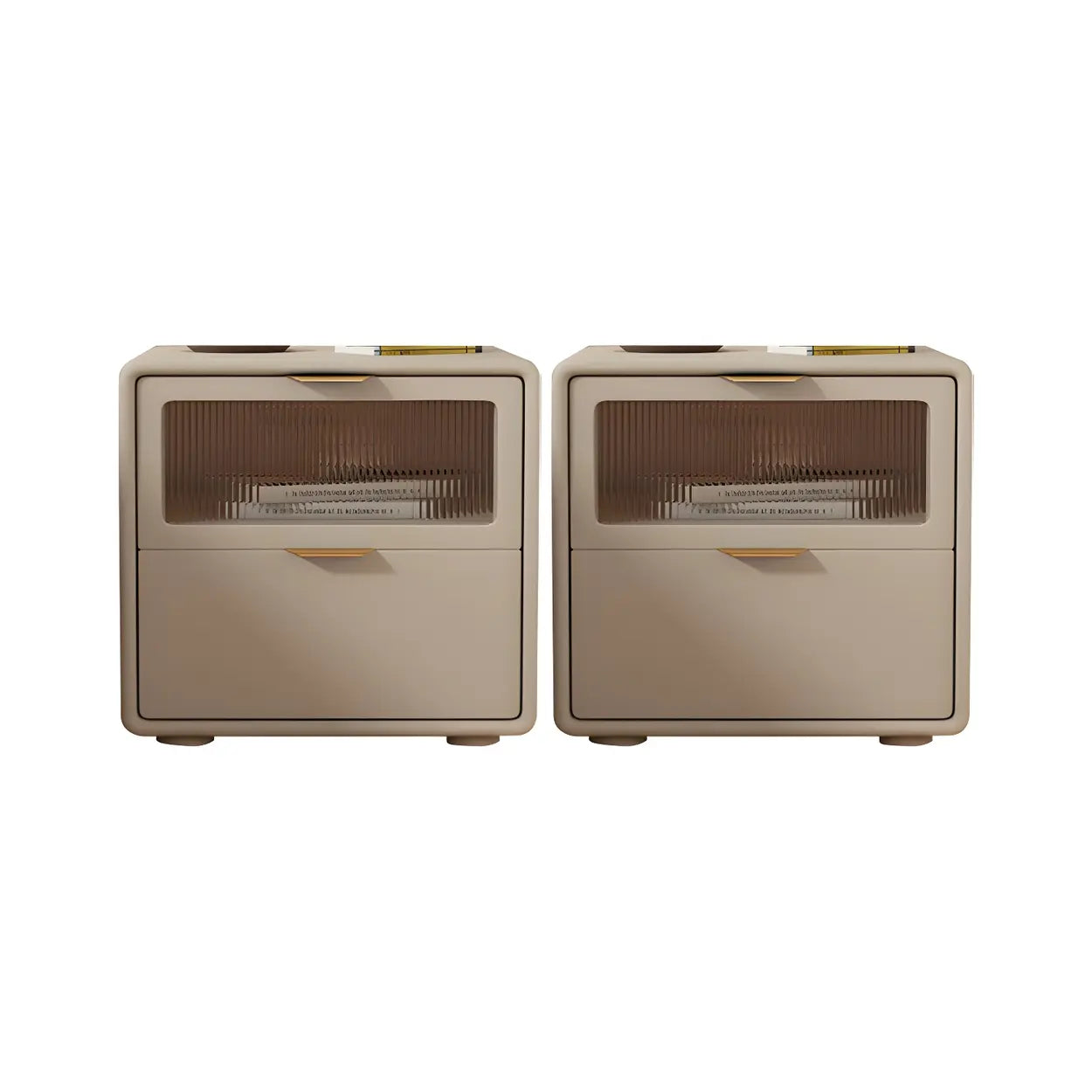 Rounded Wood White Leather Storage Nightstand — Off-White / 2 Piece Set