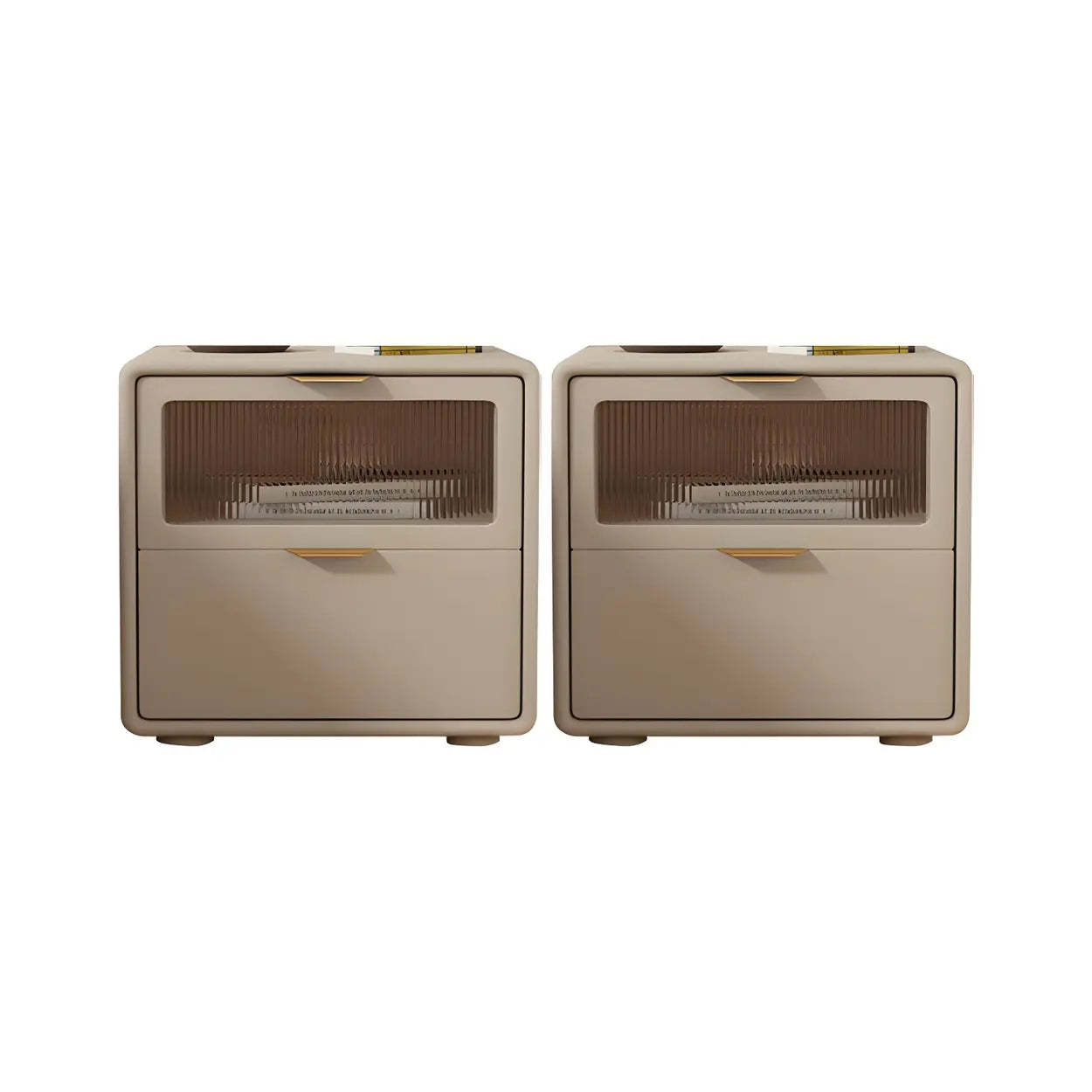 Rounded Wood White Leather Storage Nightstand — Off-White / 2 Piece Set