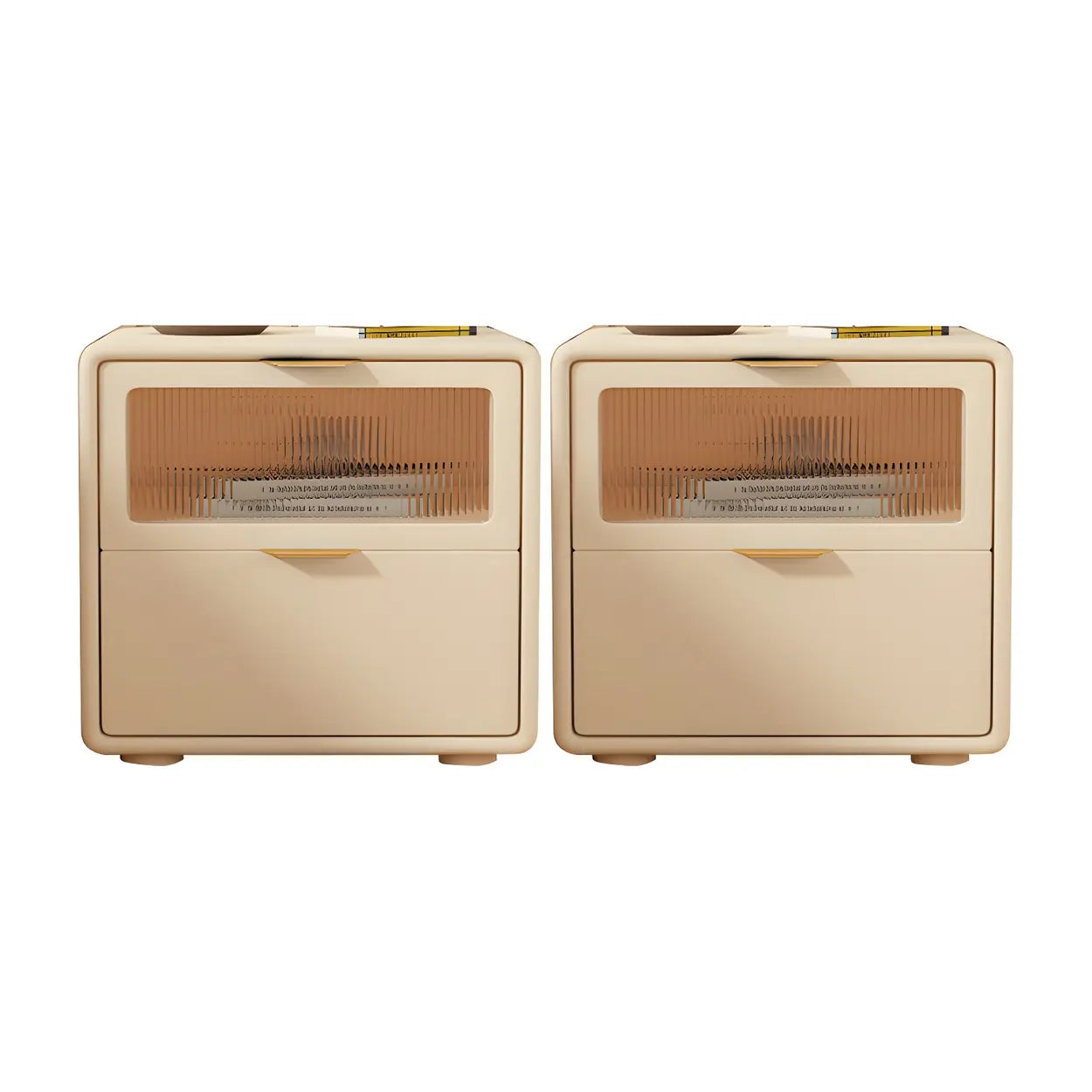 Rounded Wood White Leather Storage Nightstand — Beige / 1 Piece