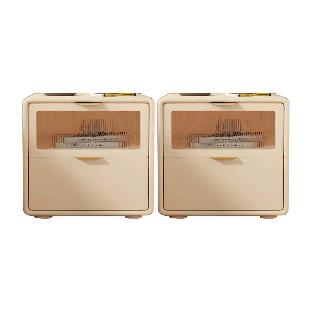 Rounded Wood White Leather Storage Nightstand — Beige / 1 Piece