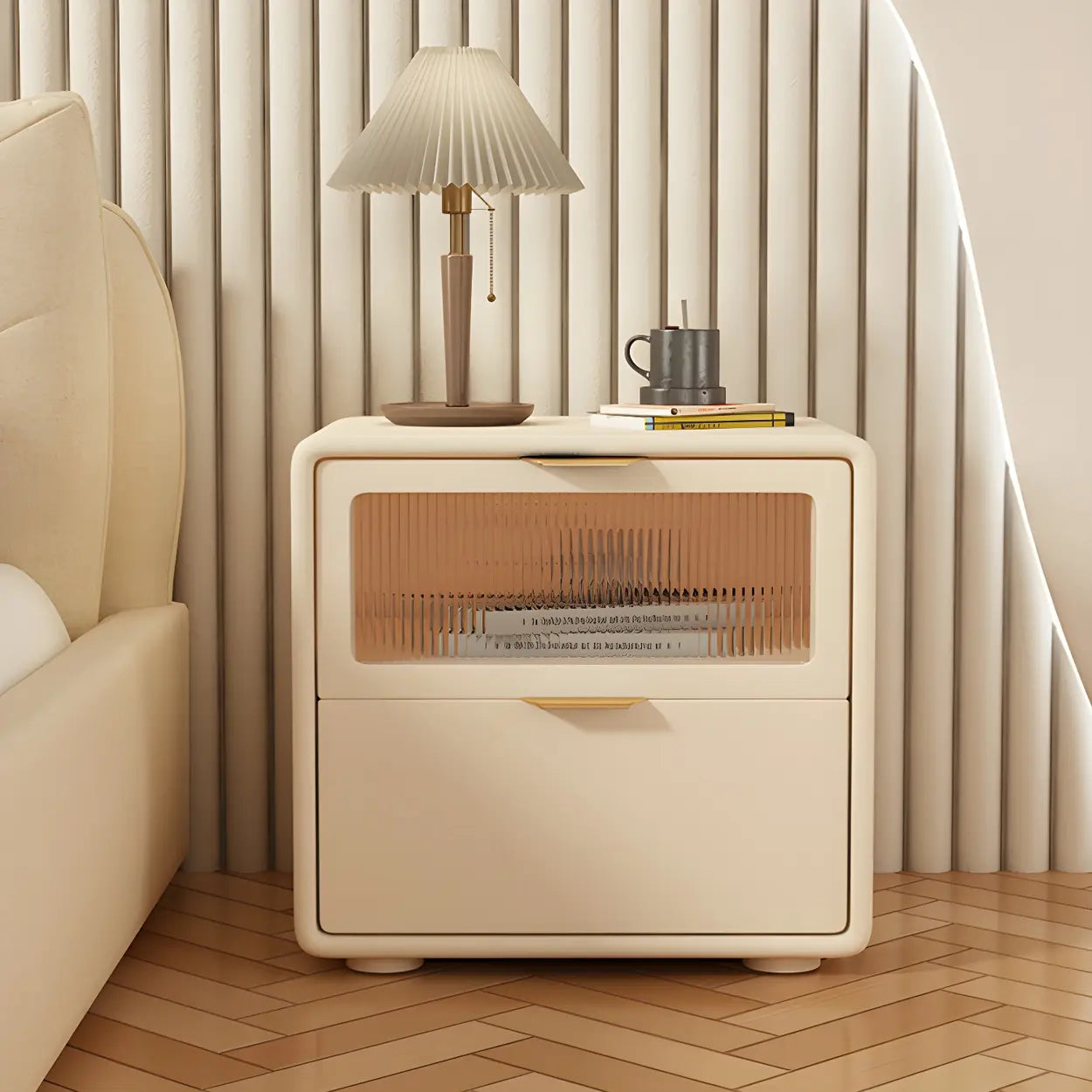 Rounded Wood White Leather Storage Nightstand — White / 1 Piece
