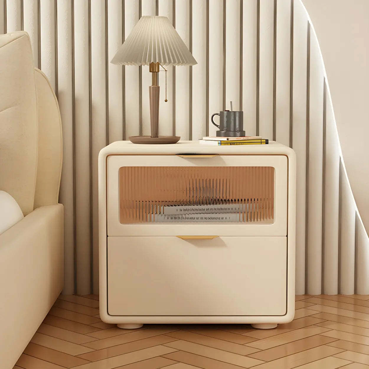 Rounded Wood White Leather Storage Nightstand — White / 1 Piece