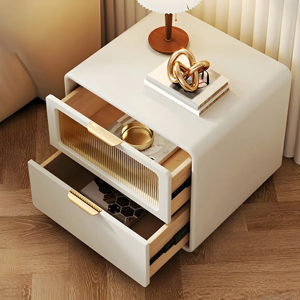 Rounded Wood White Leather Storage Nightstand — Off-White / 1 Piece